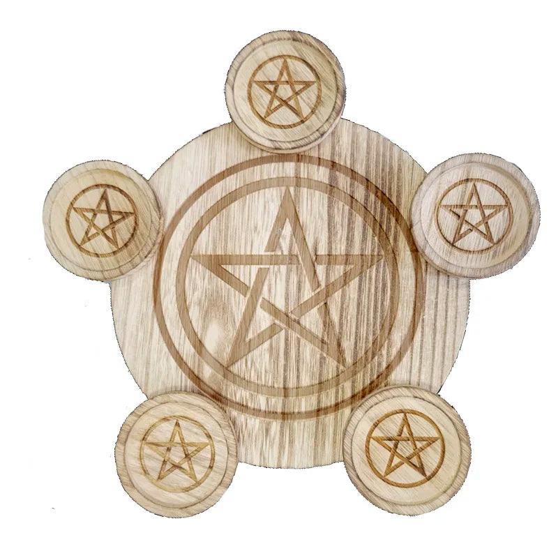 Porte-Bougie en Bois Pentagramme - Bougeoir Mystique pour Autel et Cérémonies Wicca