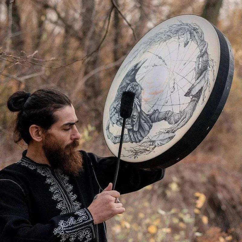 Tambour Chamanique Sibérien en Bois - Instrument Spirituel Fait Main avec Baguettes