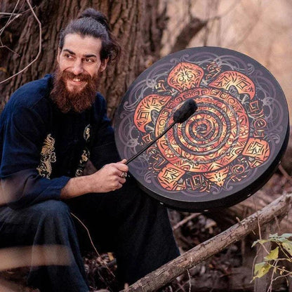 Tambour Chamanique Sibérien en Bois - Instrument Spirituel Fait Main avec Baguettes