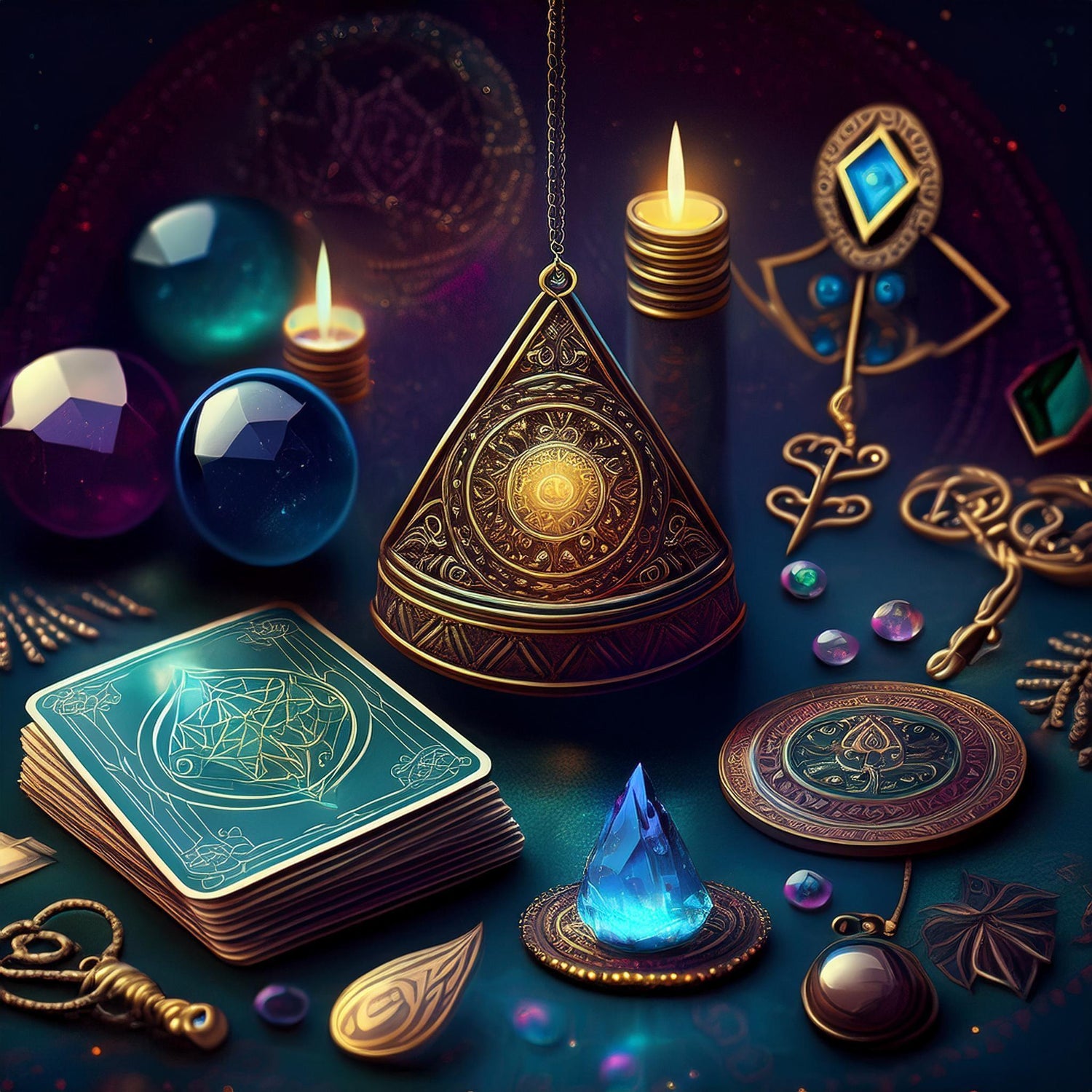 Accessoires de divination : pendule, cartes et boule de cristal pour explorer votre intuition.